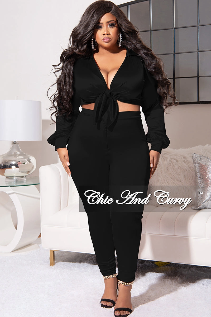 Final Sale Plus Size 2pc Shiny Satin Collared Crop Tie Top and Pants Set in Black Yoga Ready