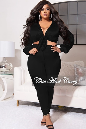 Fashion-Forward Final Sale Plus Size 2pc Shiny Satin Collared Crop Tie Top and Pants Set in Black