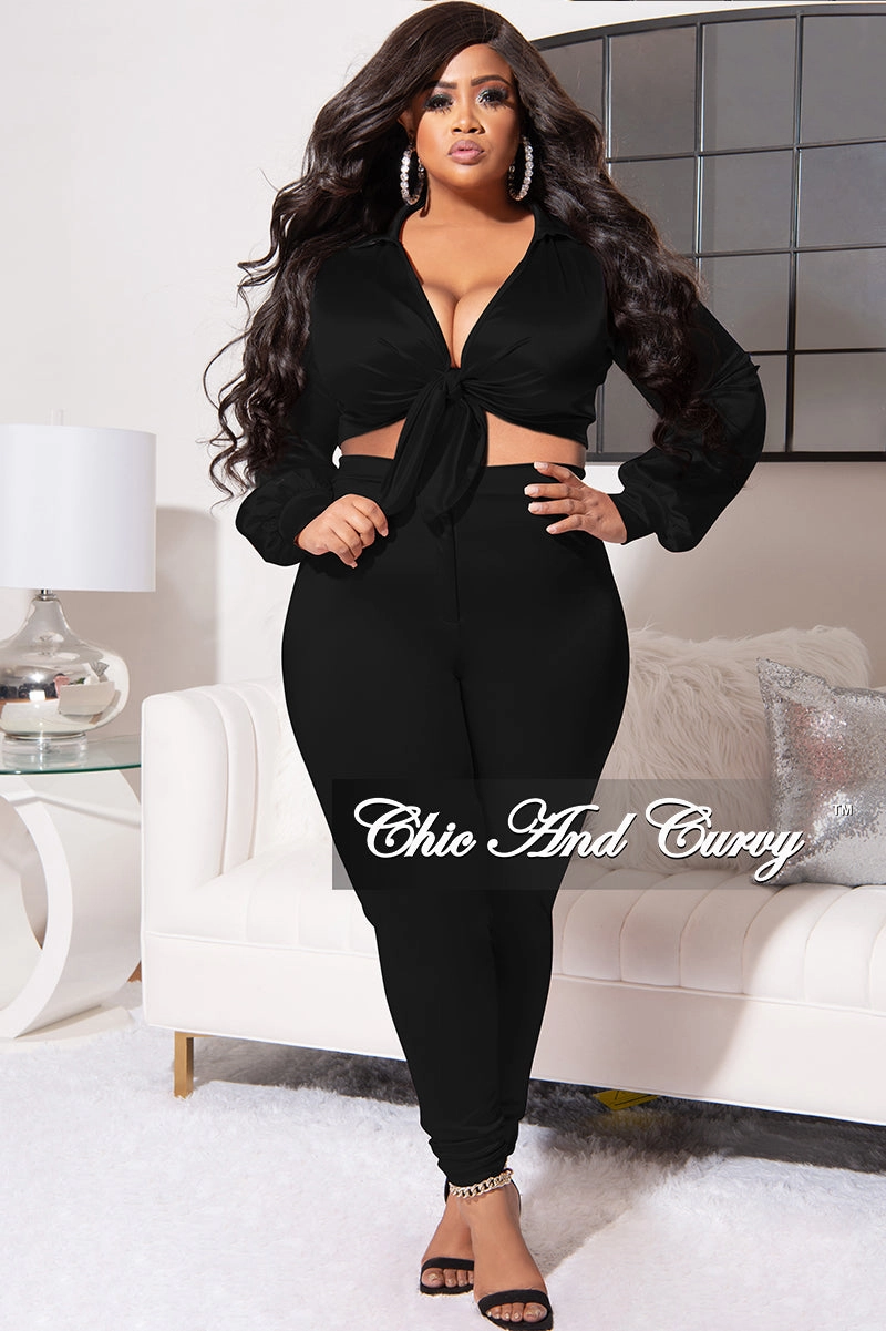 Fashion-Forward Final Sale Plus Size 2pc Shiny Satin Collared Crop Tie Top and Pants Set in Black