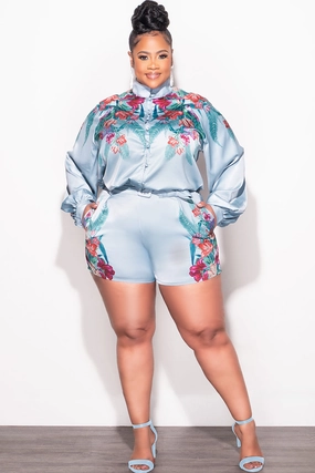 Easy Layer Everyday Comfort Wear Final Sale Plus Size 2pc Short Set in Blue Multi-Color