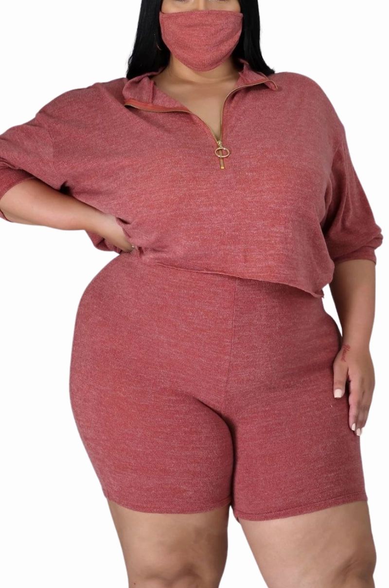 Adjustable Belt Loops Street Inspired Final Sale Plus Size 2pc Short Set in Rust