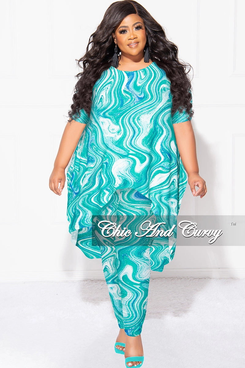 Final Sale Plus Size 2pc Short Sleeve High Low Top And Leggings Set In Green Blue and White Fashionable Waist