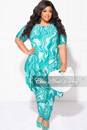 Final Sale Plus Size 2pc Short Sleeve High Low Top And Leggings Set In Green Blue and White Gripper Waistband