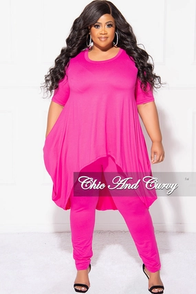 Final Sale Plus Size 2pc Short Sleeve High Low Top And Leggings Set In Magenta Flattering Style Cooling Fabric