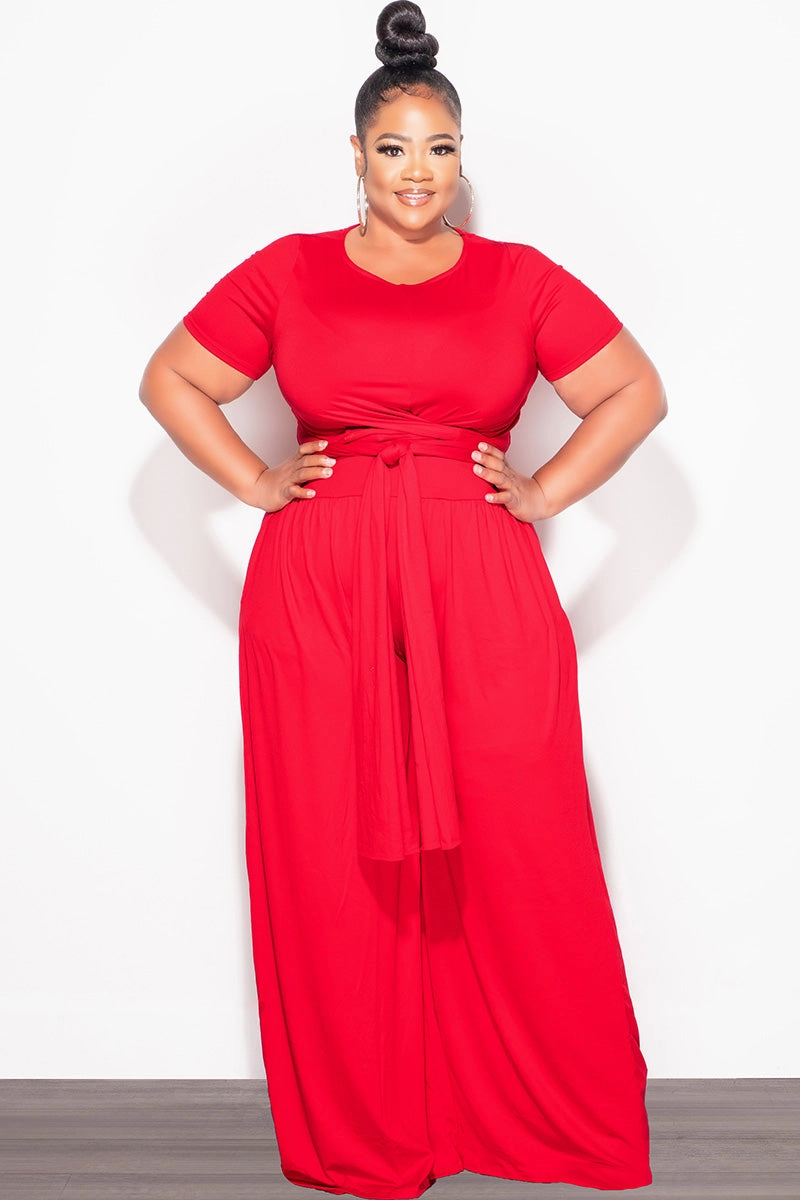 Smart Layer Tough Style Final Sale Plus Size 2pc Short Sleeve Tie Top and Pants Set in Red