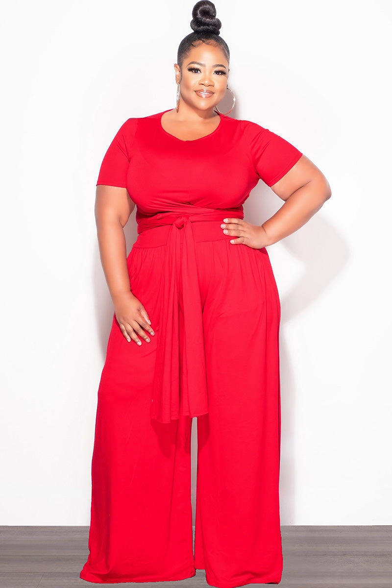 Final Sale Plus Size 2pc Short Sleeve Tie Top and Pants Set in Red Daily Motion Low Profile Fasteners