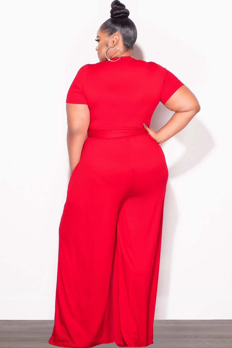 Comfy Vibes Comfy Waistband Final Sale Plus Size 2pc Short Sleeve Tie Top and Pants Set in Red