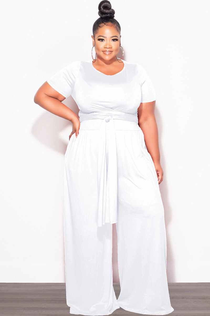 Final Sale Plus Size 2pc Short Sleeve Tie Top and Pants Set in White Comfy Motion