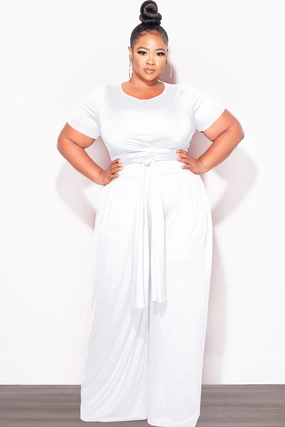 Final Sale Plus Size 2pc Short Sleeve Tie Top and Pants Set in White Trendy Vibe Thermal Regulating