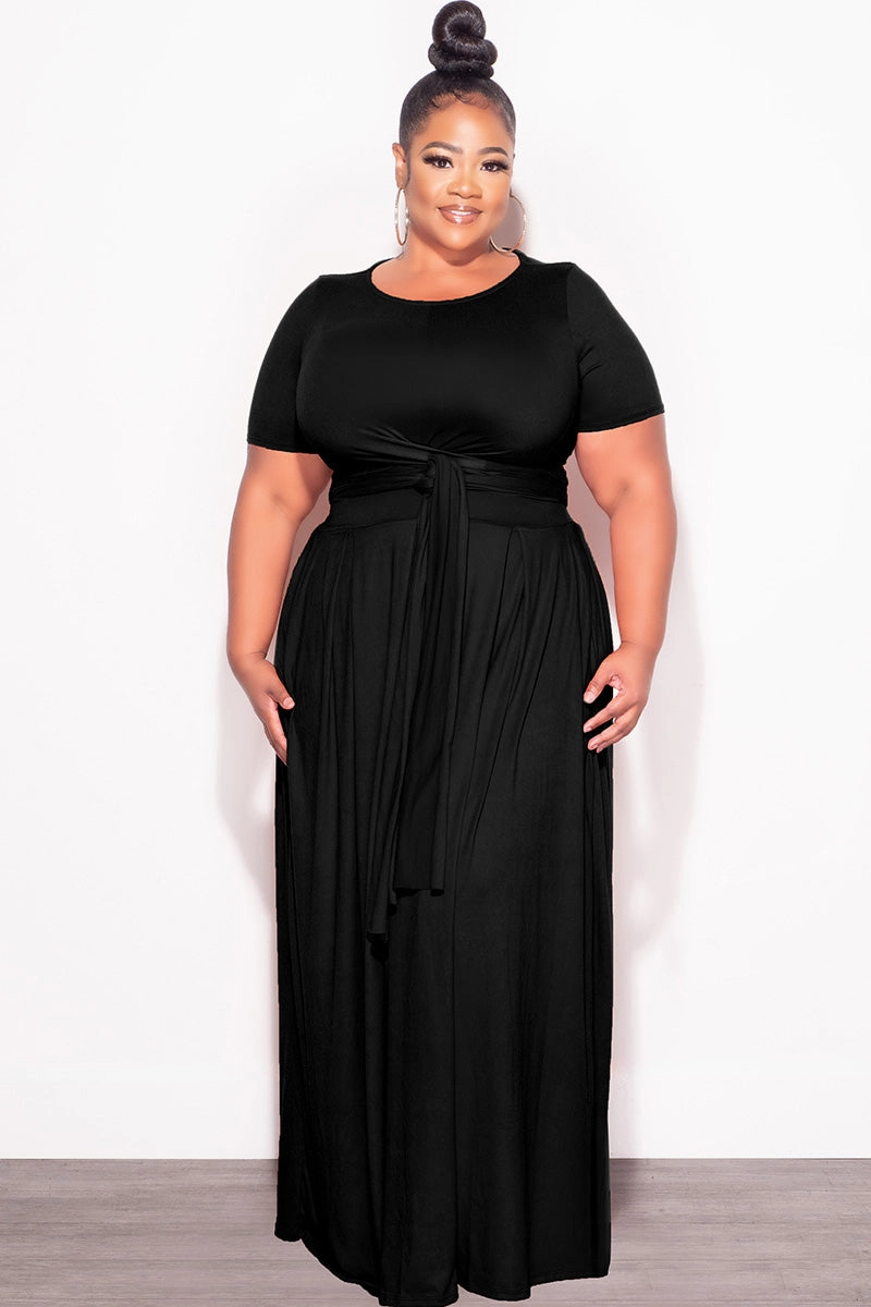 Athletic Flex Wear Durable Construction Final Sale Plus Size 2pc Short Sleeve Tie Top and Skirt Set in Black