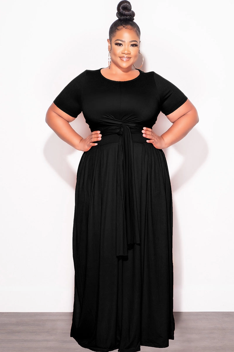 Versatile Wearable Final Sale Plus Size 2pc Short Sleeve Tie Top and Skirt Set in Black