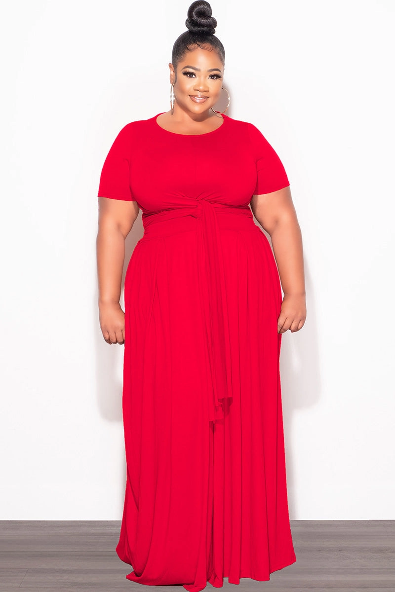 Final Sale Plus Size 2pc Short Sleeve Tie Top and Skirt Set in Red Smart Wear