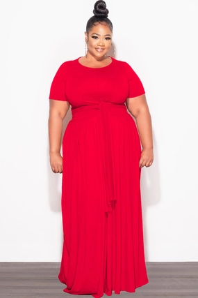 Final Sale Plus Size 2pc Short Sleeve Tie Top and Skirt Set in Red Smart Wear