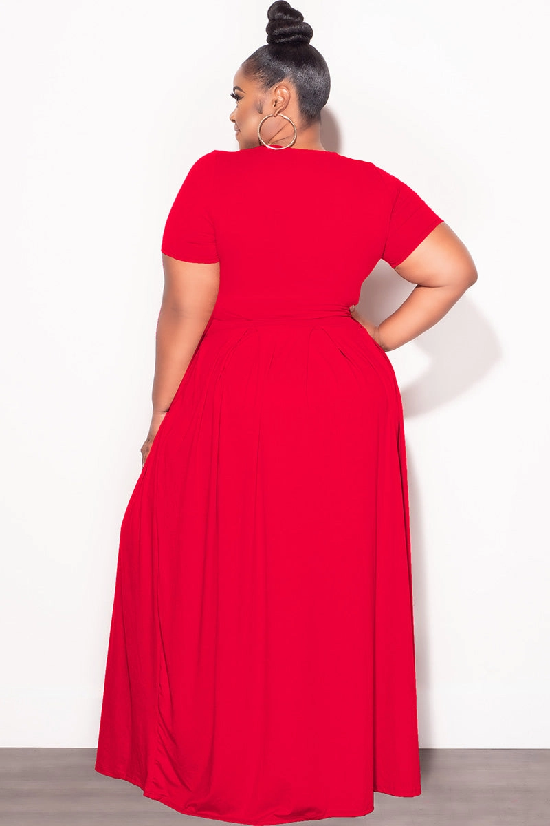 Packable design Final Sale Plus Size 2pc Short Sleeve Tie Top and Skirt Set in Red