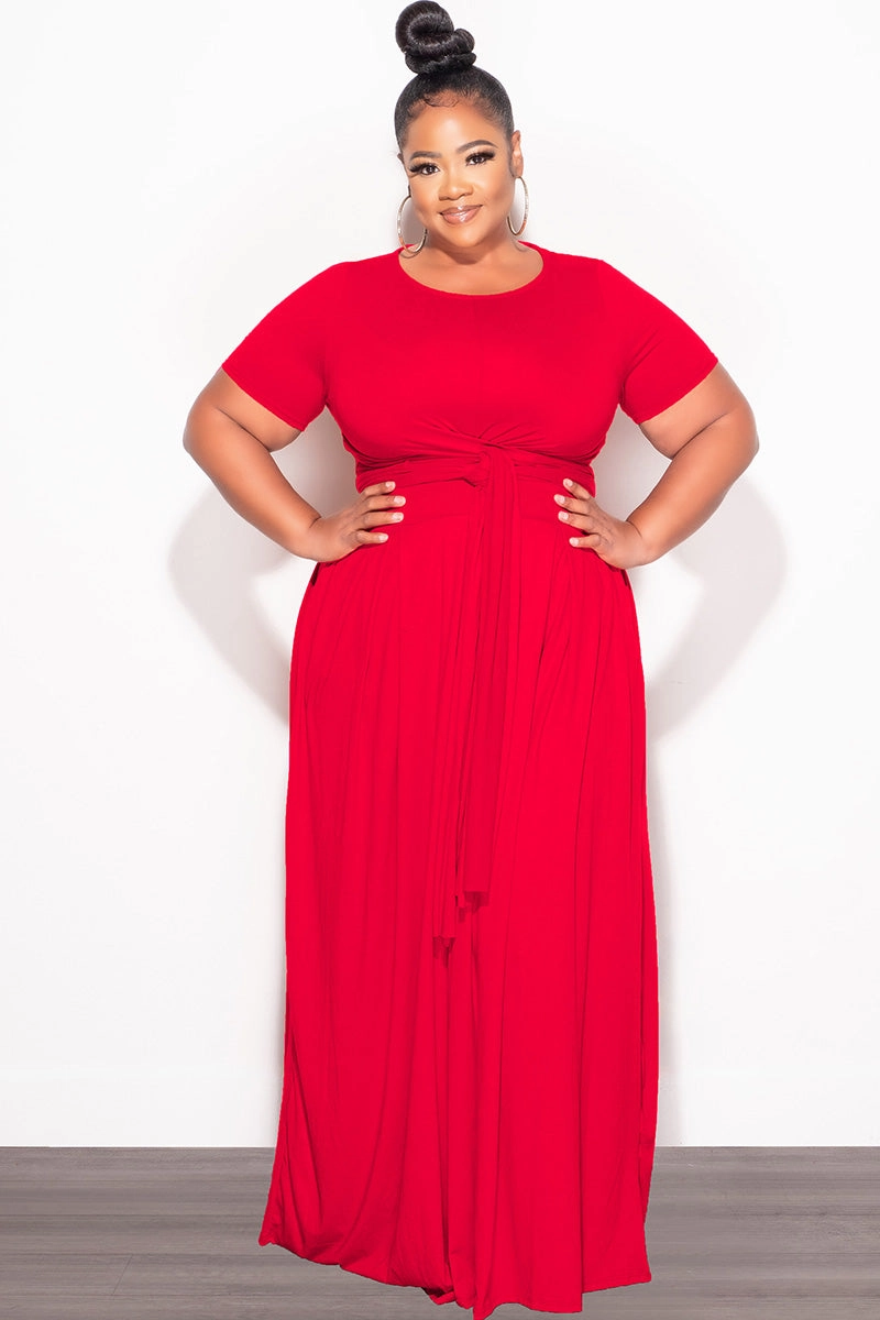 Final Sale Plus Size 2pc Short Sleeve Tie Top and Skirt Set in Red Comfortable Style