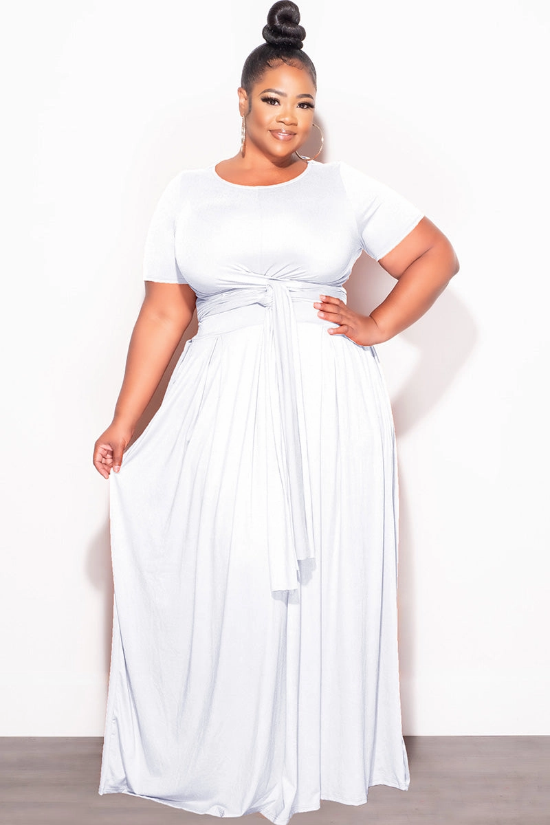 Final Sale Plus Size 2pc Short Sleeve Tie Top and Skirt Set in White Natural Movement