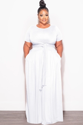 Final Sale Plus Size 2pc Short Sleeve Tie Top and Skirt Set in White StainResistantCoating