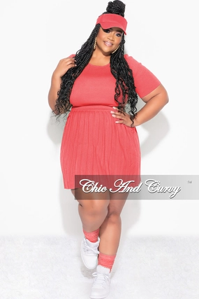 Final Sale Plus Size 2pc Short Sleeve Top and Pleated Skirt Set in Coral Effortless Fit OdorResistant