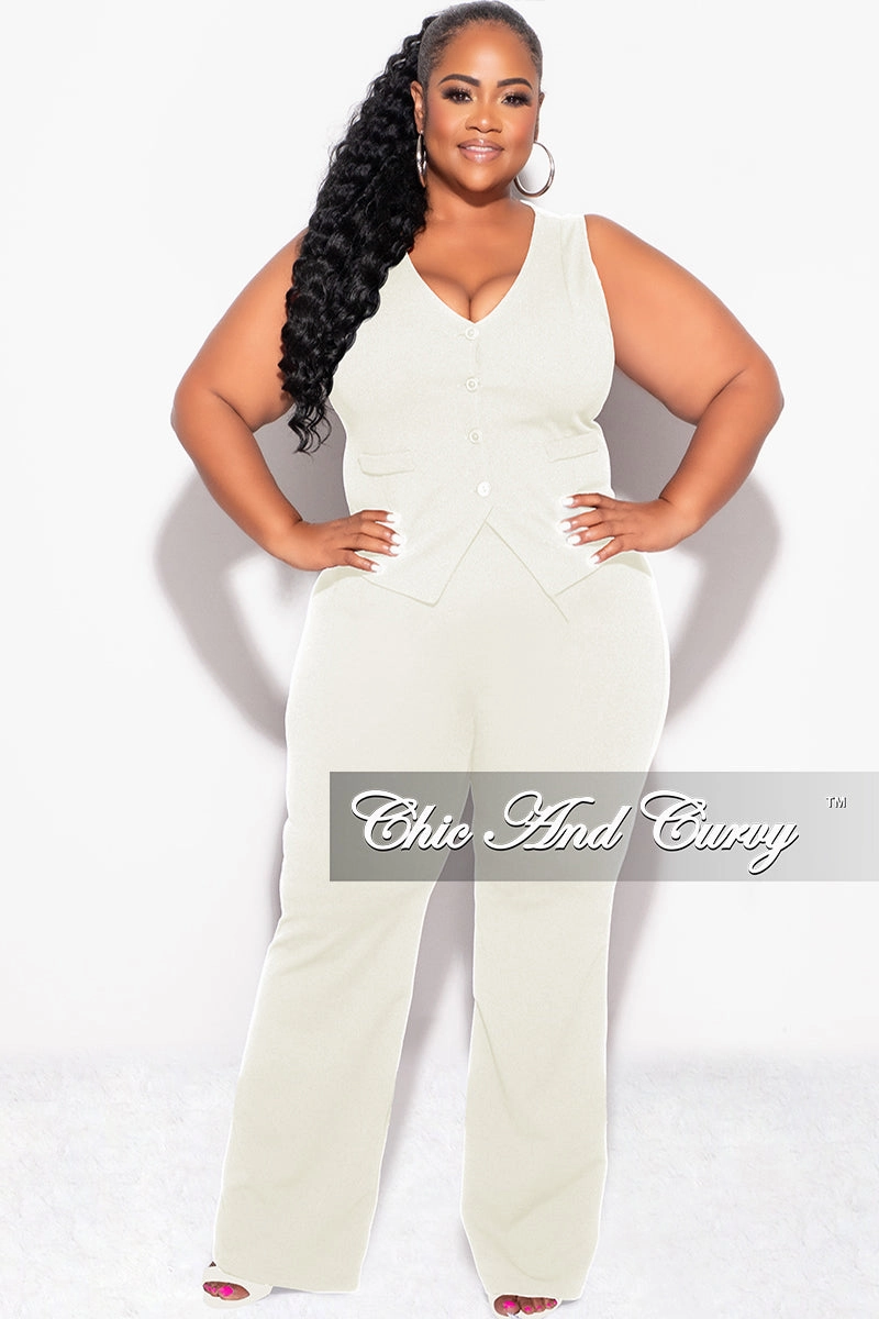 Final Sale Plus Size 2pc Sleeveless Blazer Vest and Pants Set in Ivory Breathable Stretch
