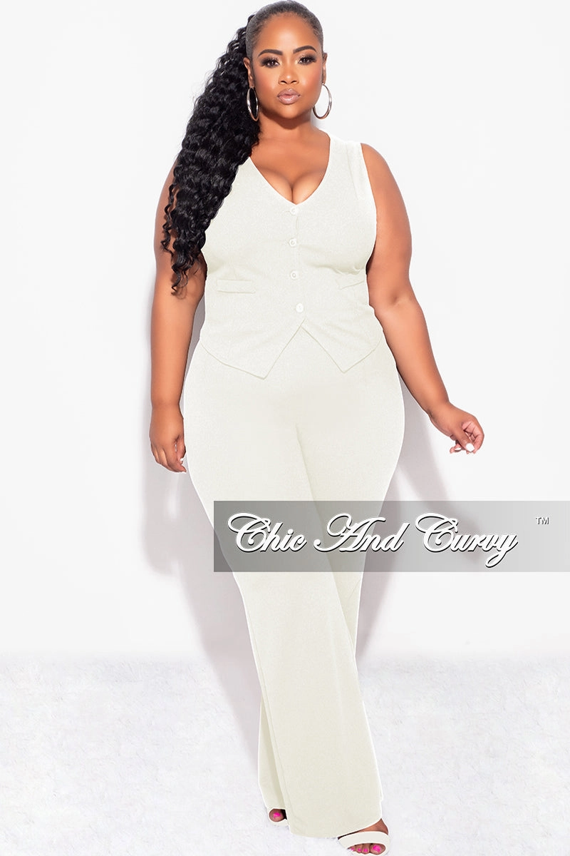 Final Sale Plus Size 2pc Sleeveless Blazer Vest and Pants Set in Ivory Snug Waist