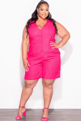All Day Wear Comfort Layering Comfort Final Sale Plus Size 2pc Sleeveless Linen Blazer Vest Short Set in Fuchsia Pink