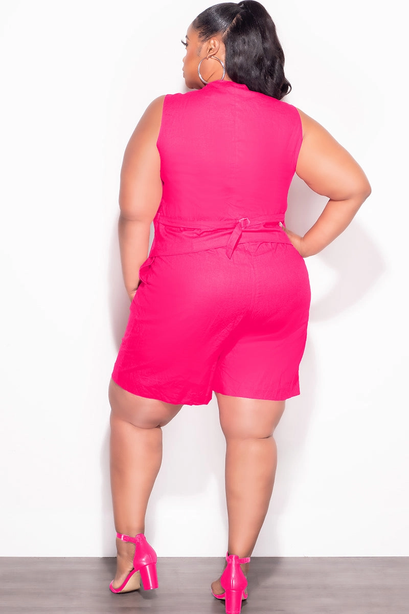 Comfortable Layers Final Sale Plus Size 2pc Sleeveless Linen Blazer Vest Short Set in Fuchsia Pink