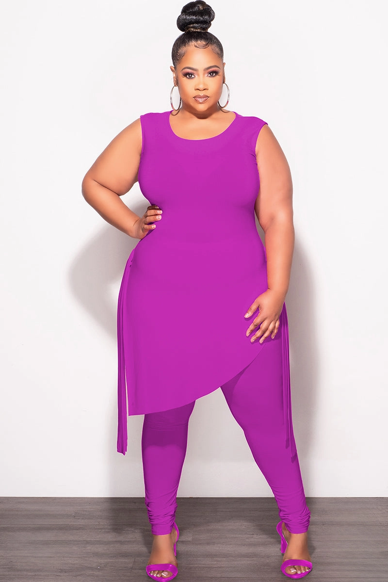 Final Sale Plus Size 2pc Sleeveless Top and Pants Set in Magenta Decorative stitching Sweat Wicking Lining