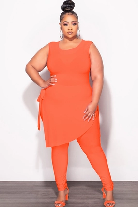 Final Sale Plus Size 2pc Sleeveless Top and Pants Set in Orange Fitted waist StretchFabric