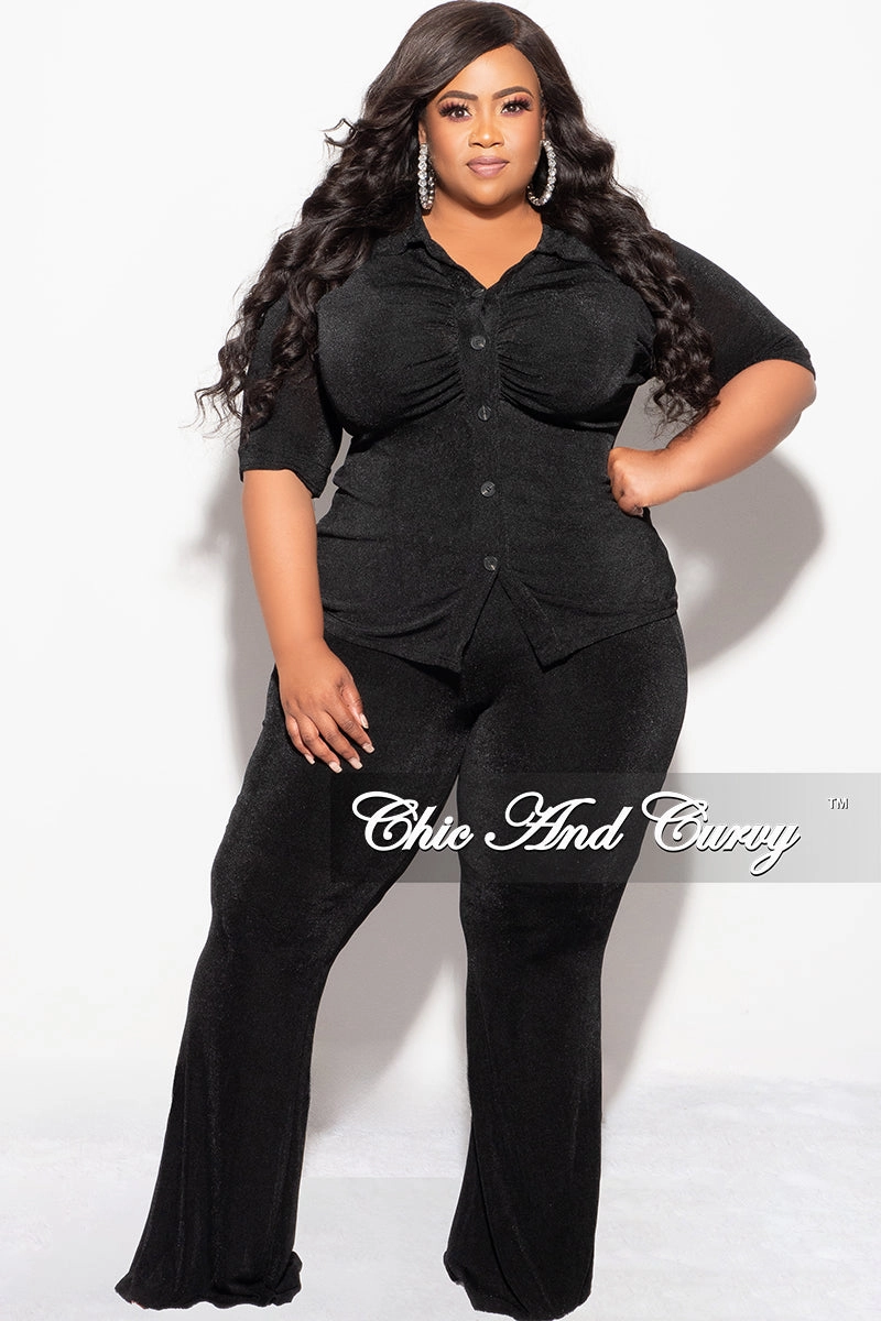 Final Sale Plus Size 2pc Slinky Button Up Collar Short Sleeve Top and Pants Set in Black Soft Finish