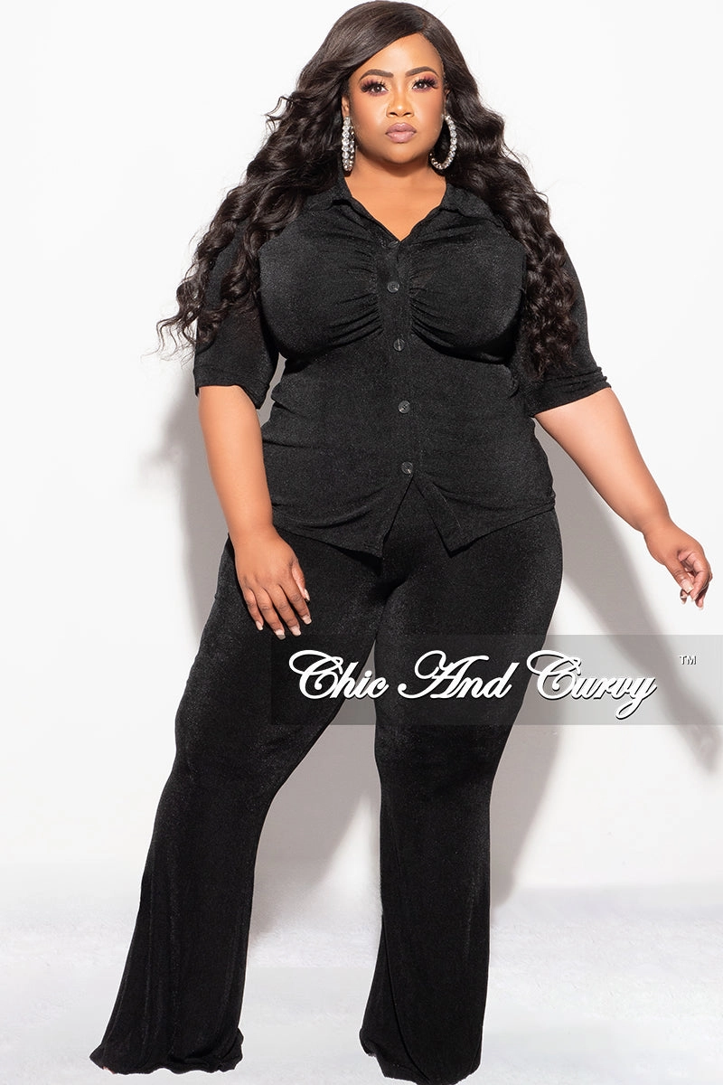 ReflectiveTrim Final Sale Plus Size 2pc Slinky Button Up Collar Short Sleeve Top and Pants Set in Black