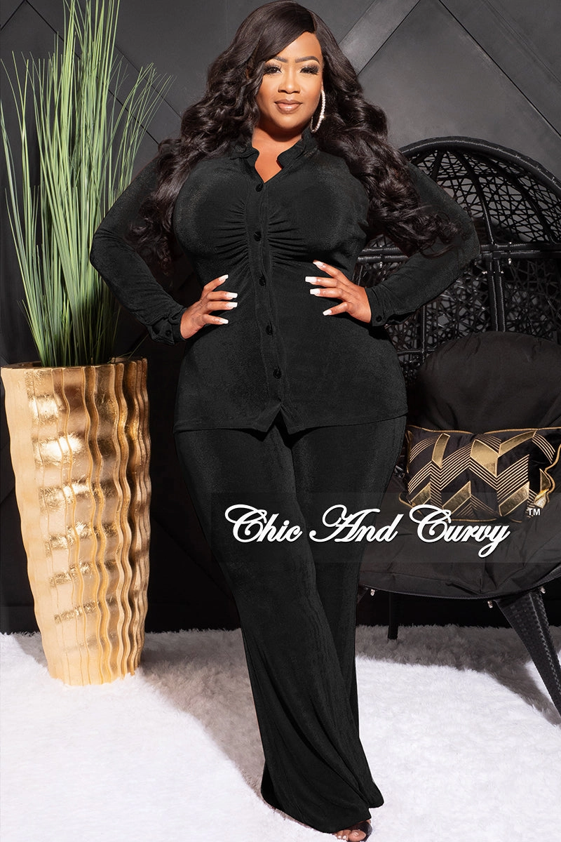 Sustainable Material Blend Final Sale Plus Size 2pc Slinky Button Up Collar Top and Pants Set in Black