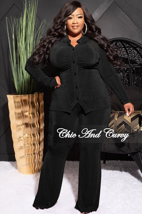 clean design Secure Closures Final Sale Plus Size 2pc Slinky Button Up Collar Top and Pants Set in Black