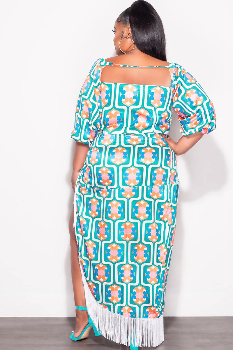 SecureClosures Final Sale Plus Size 2pc Stain Set (Crop Tie Top and Fringe Trim Skirt) in Green Design Print