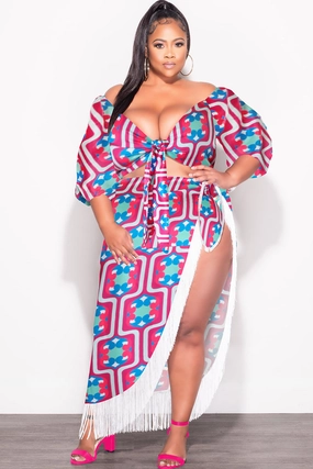 Outdoor Adventure Bonded Seam Technology Final Sale Plus Size 2pc Stain Set (Crop Tie Top and Fringe Trim Skirt) in Magenta Design Print