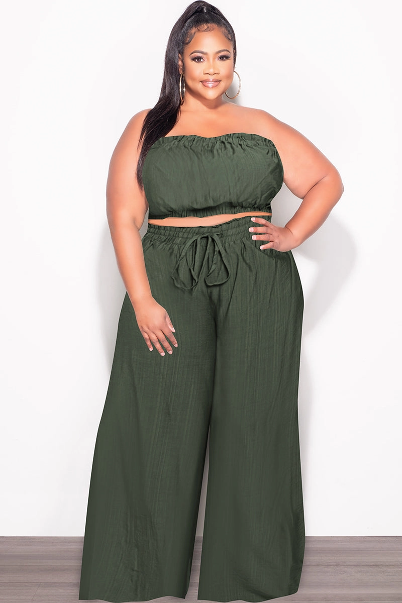 Casual Look Core Style Final Sale Plus Size 2pc Strapless Crop Top and Flare Pants Set In Dark Green