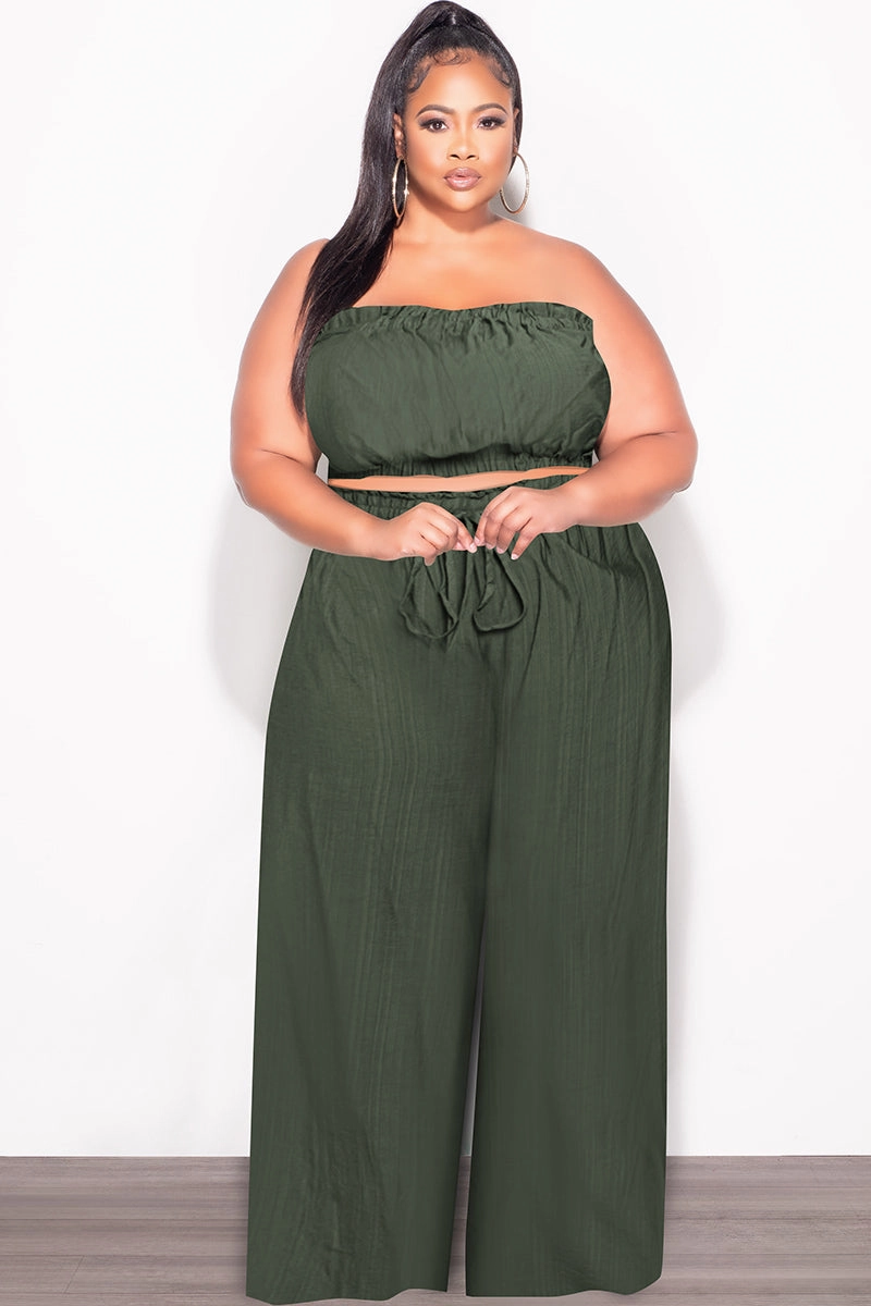 Practical Style Compact Pack Final Sale Plus Size 2pc Strapless Crop Top and Flare Pants Set In Dark Green