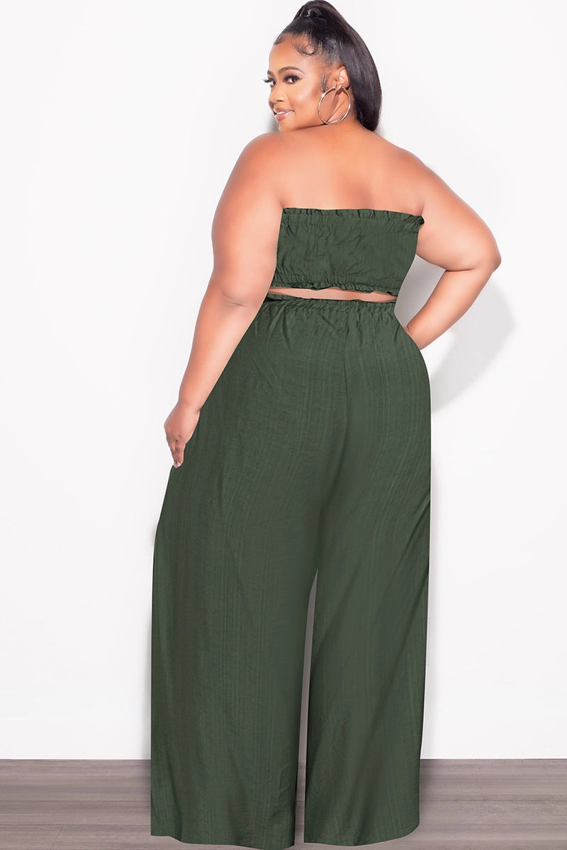 Final Sale Plus Size 2pc Strapless Crop Top and Flare Pants Set In Dark Green Roomy Fit