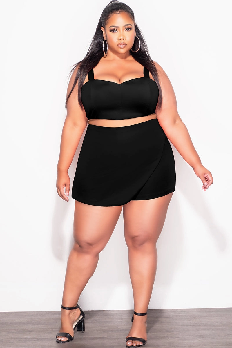 Final Sale Plus Size 2pc Strapless Crop Top and Skort Set in Black Casual Comfort