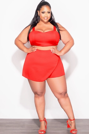 Final Sale Plus Size 2pc Strapless Crop Top and Skort Set in Dark Coral SoftLining Weekend Adventure