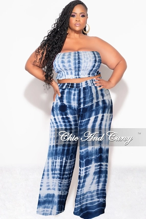 Perfect Movement Functional Fashion Final Sale Plus Size 2pc Strapless Frill Crop Top and Palazzo Pants Set Blue & White Tie Dye Print