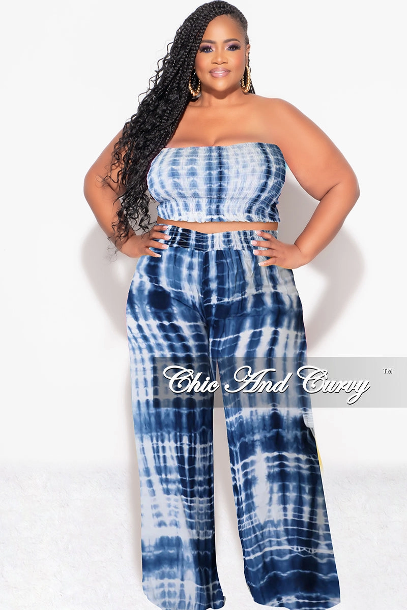 Final Sale Plus Size 2pc Strapless Frill Crop Top and Palazzo Pants Set Blue & White Tie Dye Print Laser cut