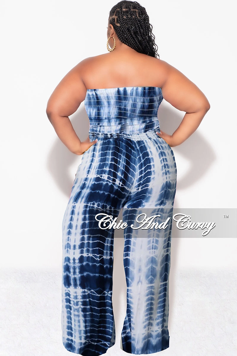 Final Sale Plus Size 2pc Strapless Frill Crop Top and Palazzo Pants Set Blue & White Tie Dye Print Customizable length