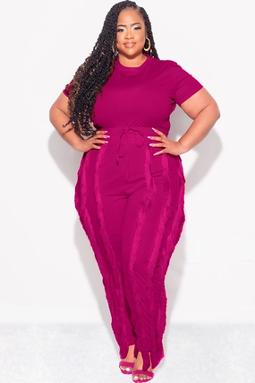 Final Sale Plus Size 2pc Tassel Pant Set in Berry tech fabric