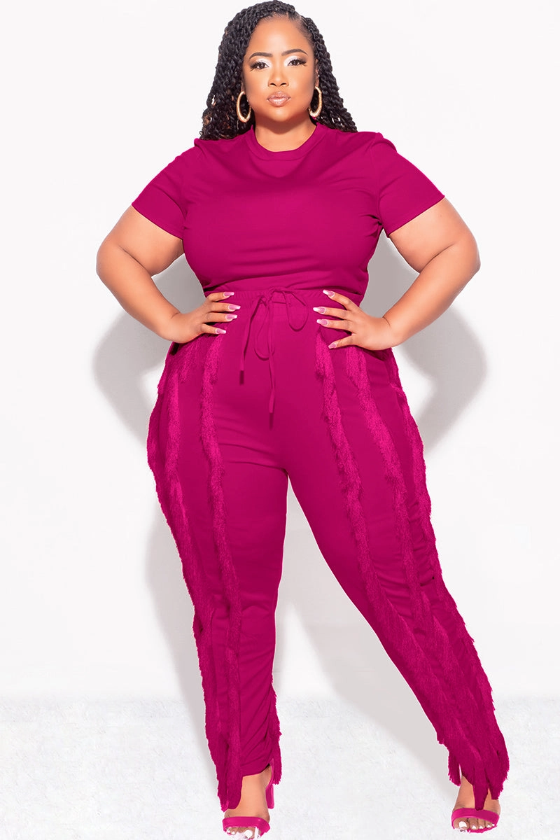 Final Sale Plus Size 2pc Tassel Pant Set in Berry Casual Wearable Flexible Movement