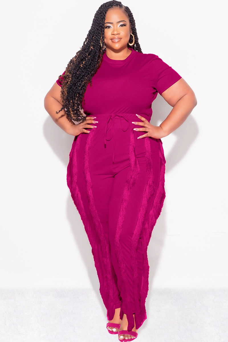 Final Sale Plus Size 2pc Tassel Pant Set in Berry tech fabric