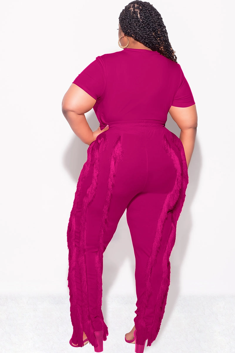 StretchMaterial Final Sale Plus Size 2pc Tassel Pant Set in Berry