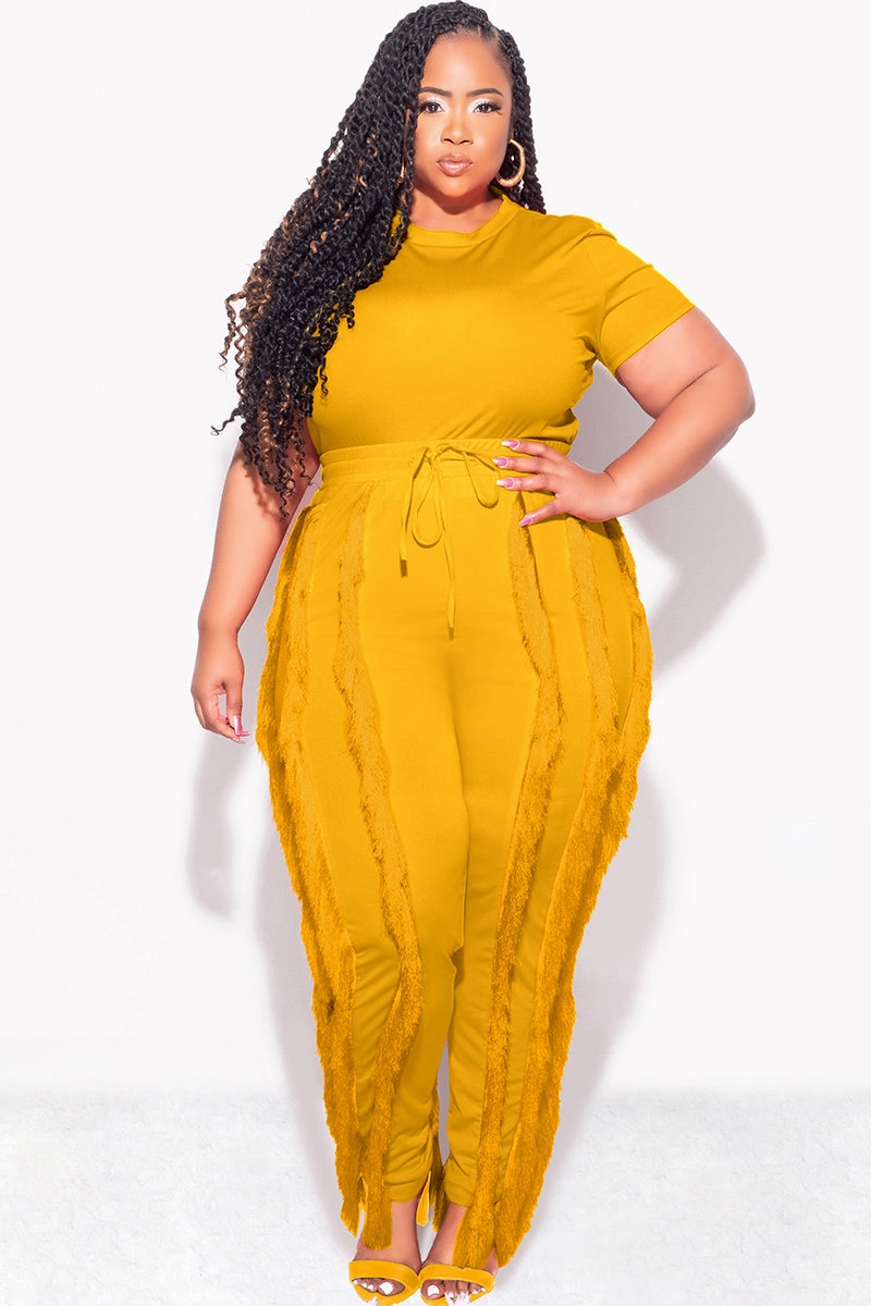 Move Easy Final Sale Plus Size 2pc Tassel Pant Set in Mustard