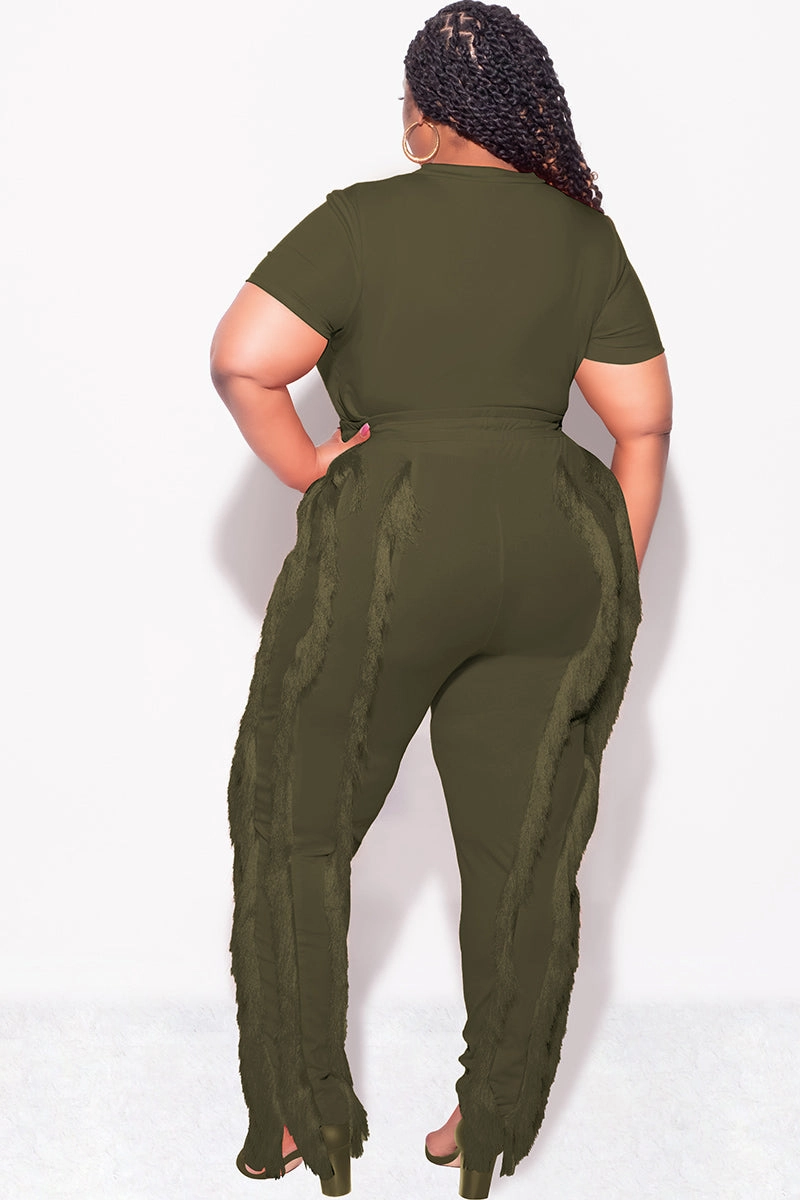 Clean Lines Quick Motion Final Sale Plus Size 2pc Tassel Pant Set in Olive