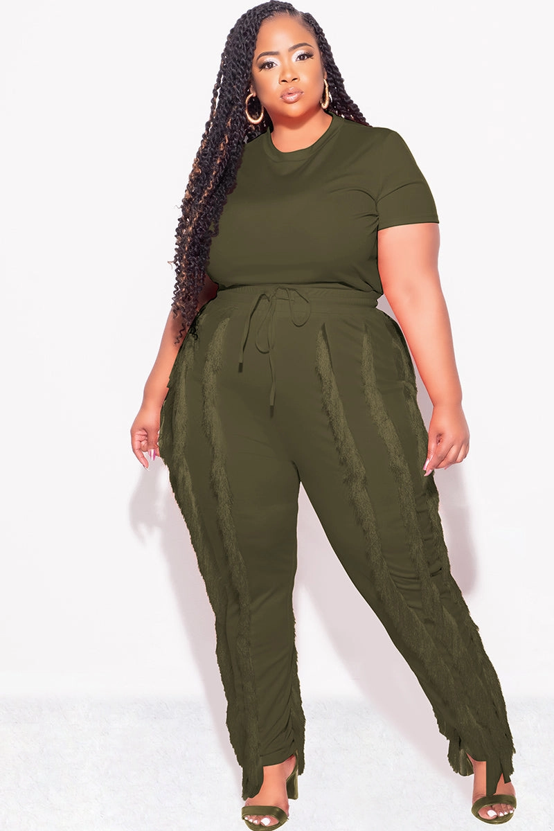 Breathable Waistband Wrinkle Resistant Final Sale Plus Size 2pc Tassel Pant Set in Olive
