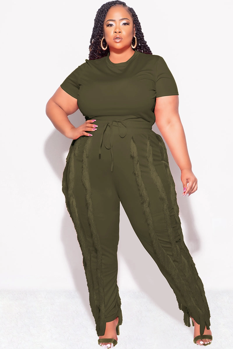 High Durability Thread Final Sale Plus Size 2pc Tassel Pant Set in Olive